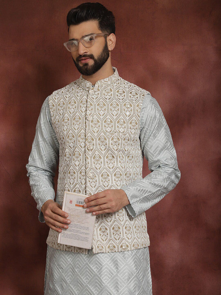 Anouk Embroidered Regular Thread Work Kurta With Churidar & Nehru Jacket