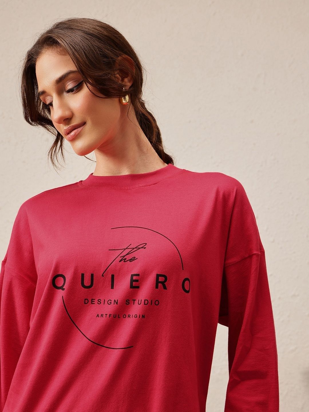 QUIERO Women Printed Drop-Shoulder Sleeves Bio Finish T-shirt