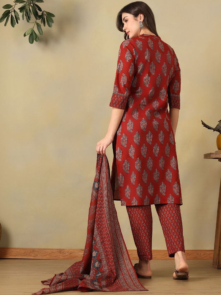 Mamicha Women Ethnic Motifs Printed Angrakha Mirror Work Pure Cotton Kurta with Trousers & With Dupatta