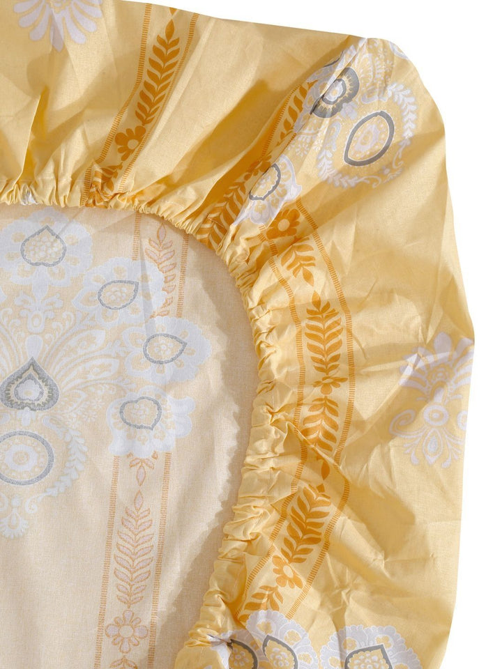 Myntra Elegant Homes Yellow Ethnic Motifs Cotton 400 TC Fitted King Bedsheet with 2 Pillow Covers-98 x 89 inches