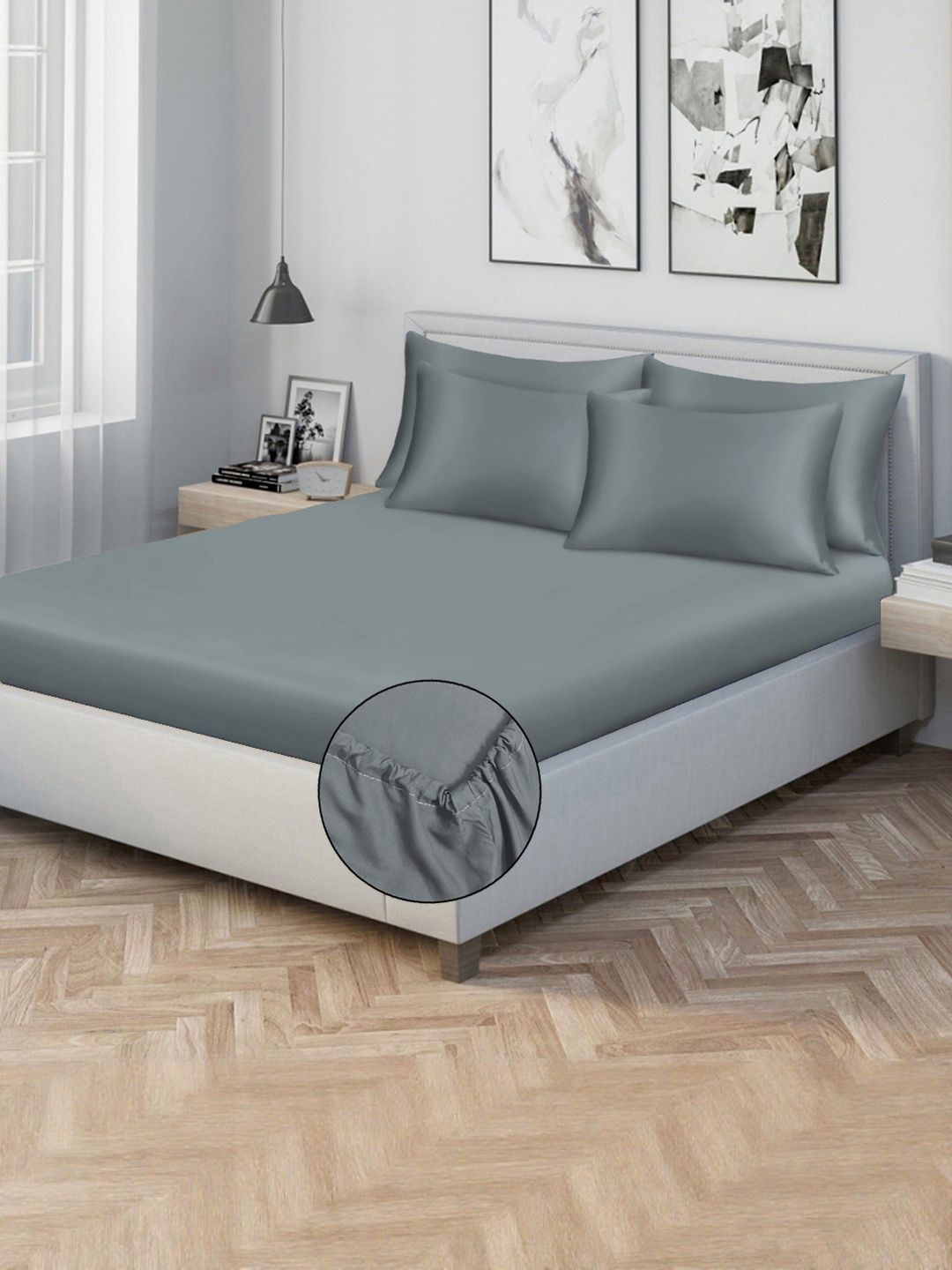 KLOTTHE Grey Colour Solid Fitted 300 TC King Fine Bedsheet With 4 Pillow Covers