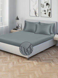 KLOTTHE Grey Colour Solid Fitted 300 TC King Fine Bedsheet With 4 Pillow Covers