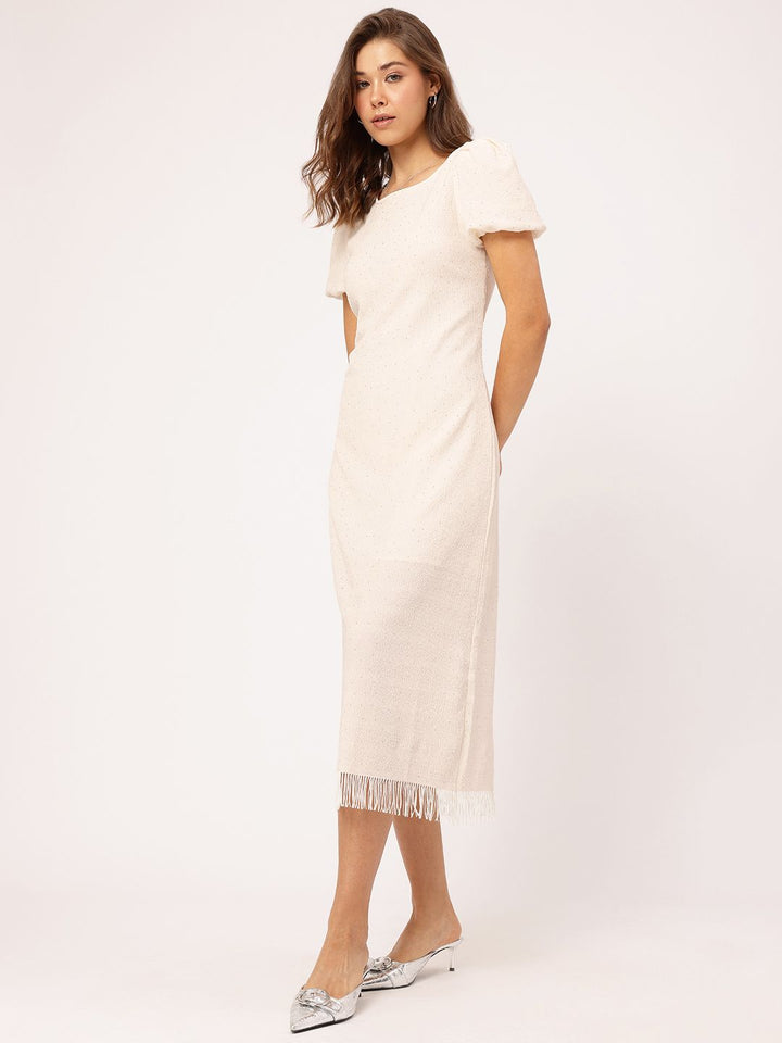 DressBerry Gleam Team Embellished Textured Fringed Hem Midi Sheath Dress