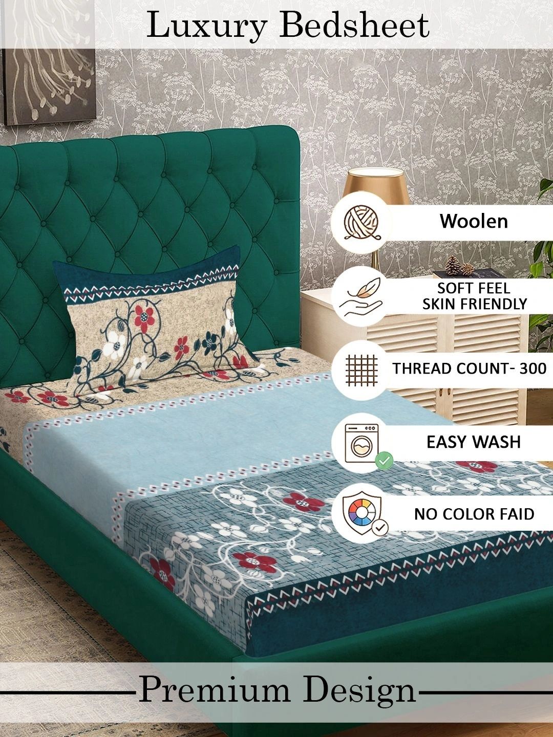 Myntra Elegant Homes Biru Turquoise & Kelabu Bulu Bunga 300 TC Cadar Tempat Tidur Single- 225X150 cm