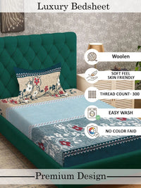 Myntra Elegant Homes Biru Turquoise & Kelabu Bulu Bunga 300 TC Cadar Tempat Tidur Single- 225X150 cm