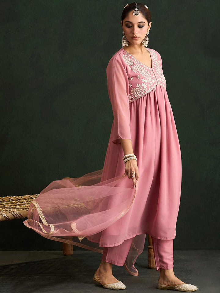 Indo Era Mauve Paisley Embroidered V-Neck Georgette A-Line Kurta with Trousers & Dupatta