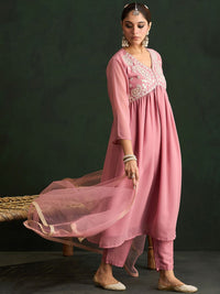 Indo Era Mauve Paisley Embroidered V-Neck Georgette A-Line Kurta with Trousers & Dupatta