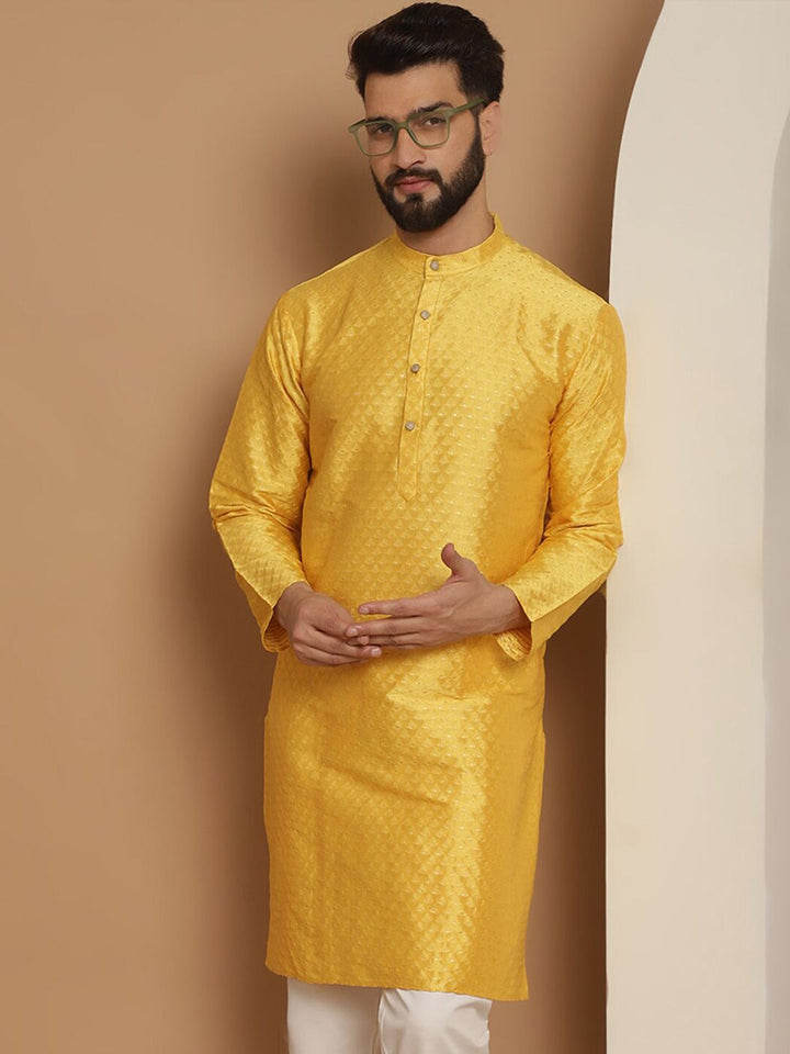 Anouk Mustard Yellow Ethnic Motifs Jacquard Silk Woven Design Band Collar Straight Kurta
