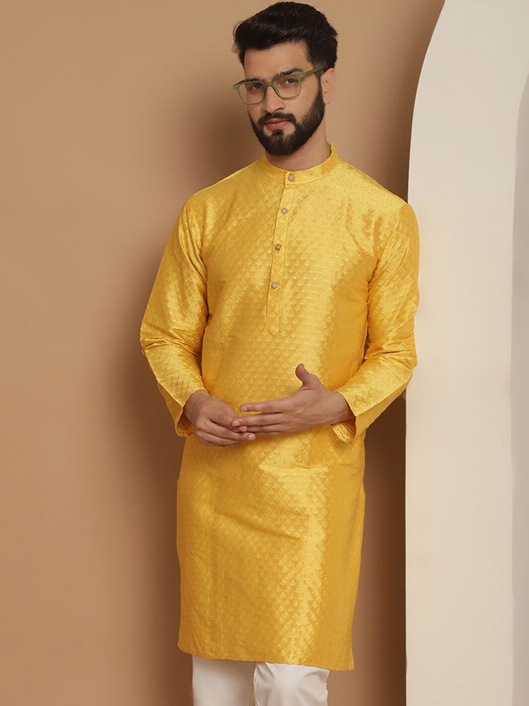 Anouk Mustard Yellow Ethnic Motifs Jacquard Silk Woven Design Band Collar Straight Kurta