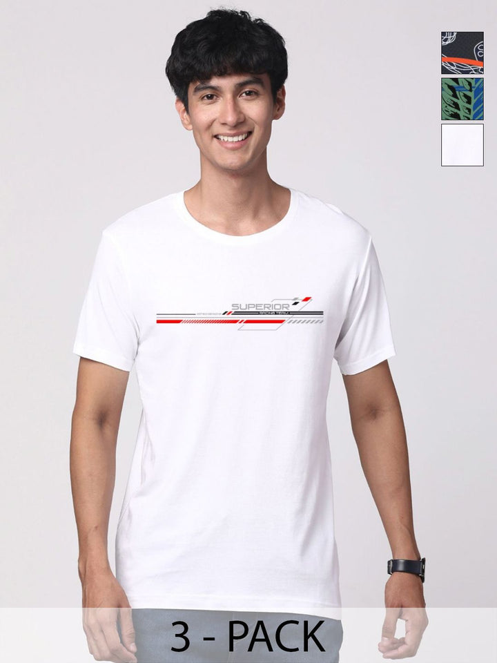 Pek ADRO Lelaki dengan 3 T-shirt Kapas Leher Bulat Bercetak Grafik