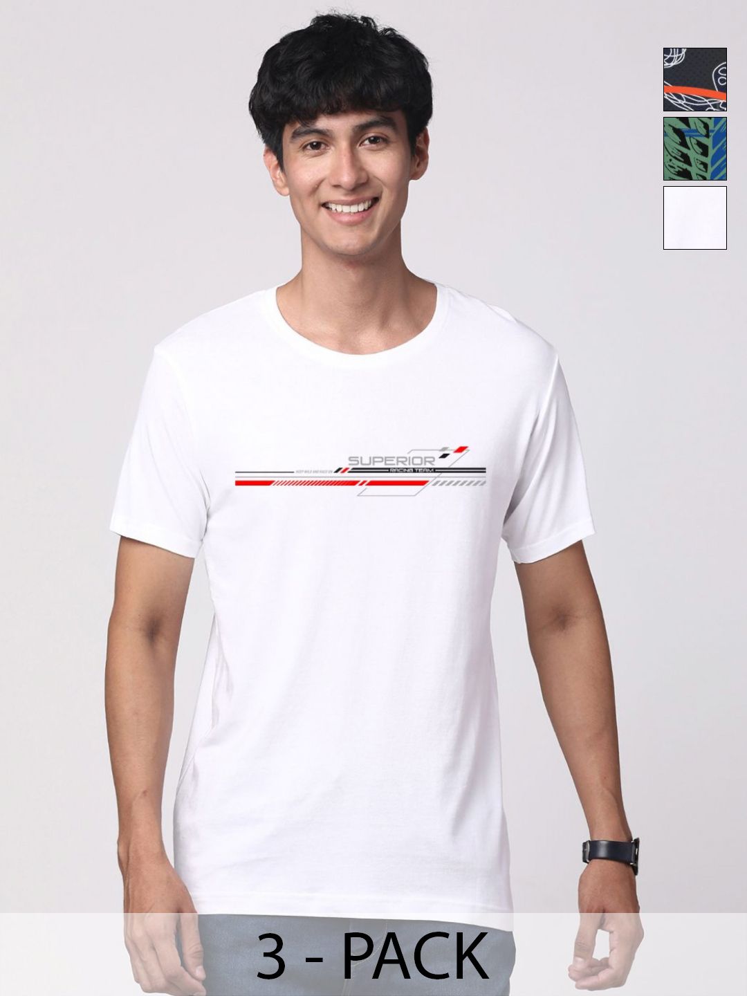 Pek ADRO Lelaki dengan 3 T-shirt Kapas Leher Bulat Bercetak Grafik