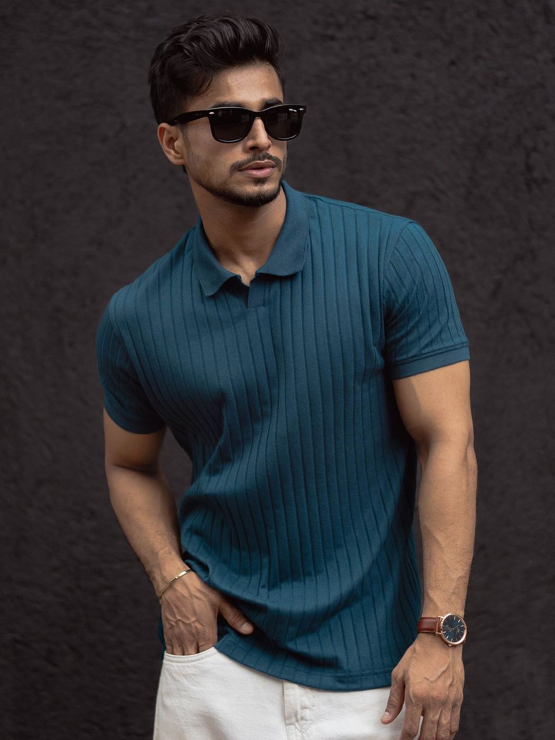 Powerlook Men Self Design Polo Collar Cotton T-shirt