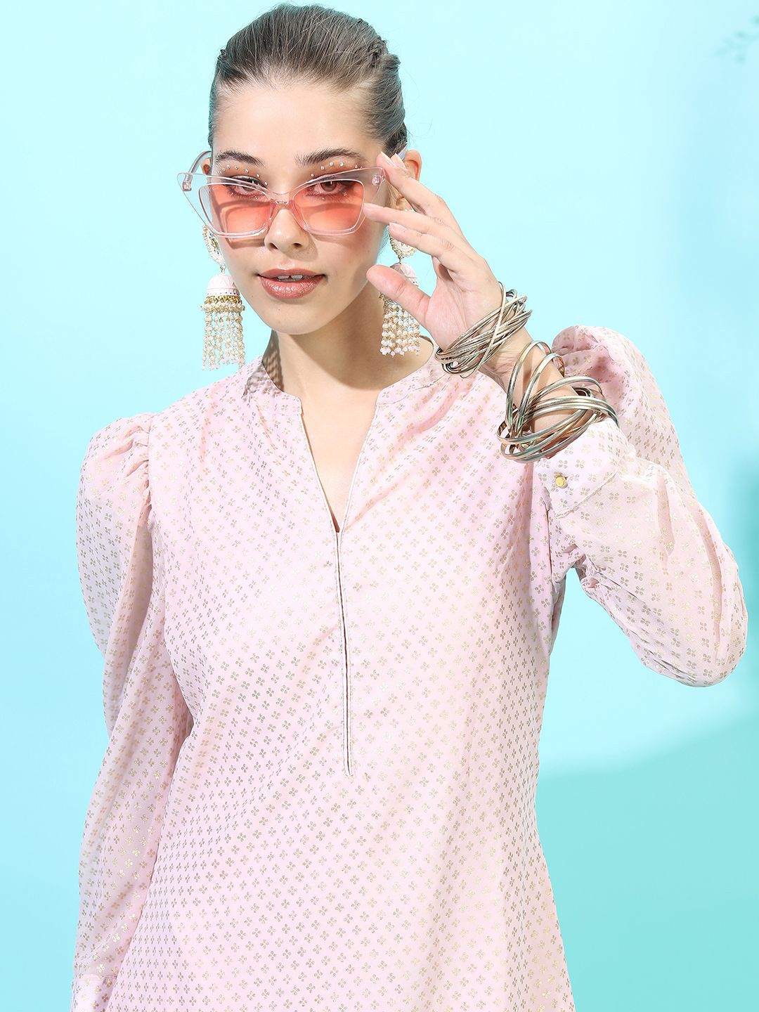 Vishudh Pink Floral Woven Design Mandarin Collar Puff Sleeves Straight Kurta