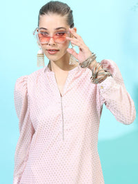 Vishudh Pink Floral Woven Design Mandarin Collar Puff Sleeves Straight Kurta