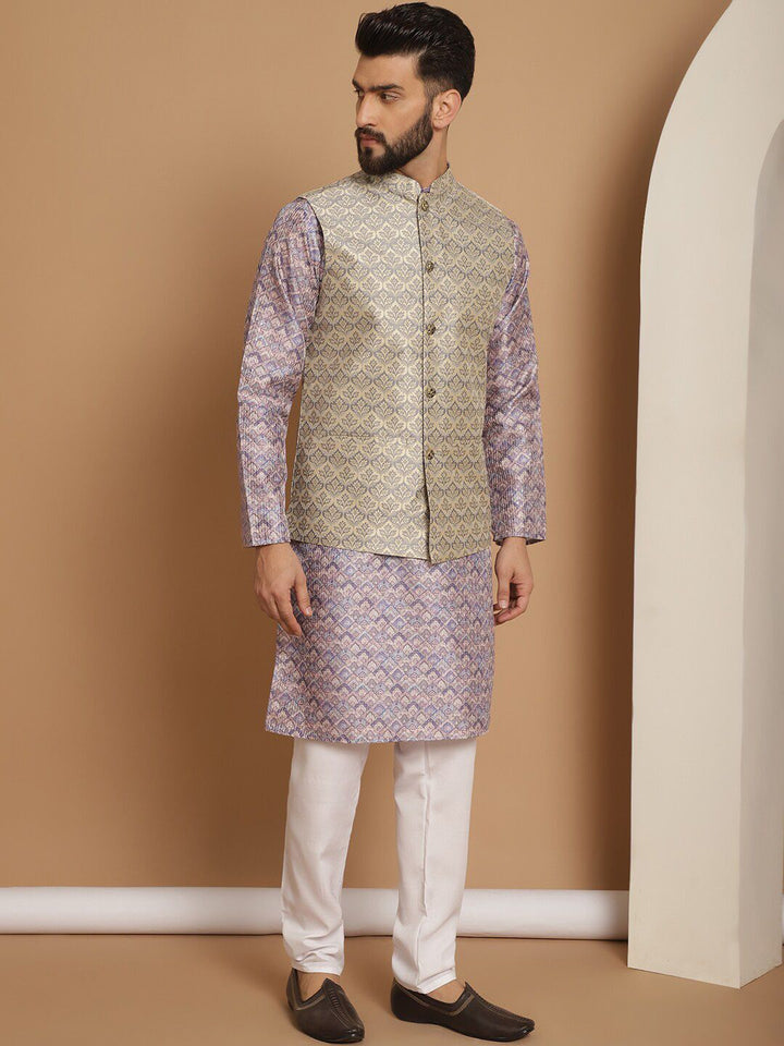 Anouk Ethnic Motifs Printed Straight Kurta with Churidar & Nehru Jacket