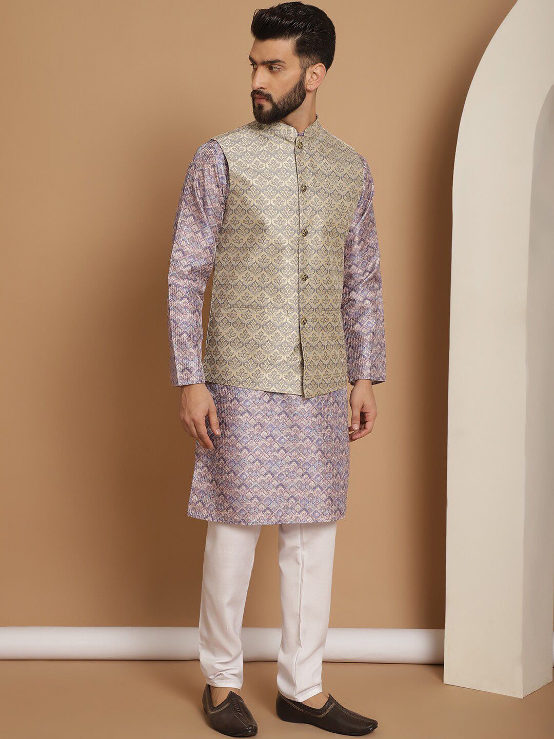 Anouk Ethnic Motifs Printed Straight Kurta with Churidar & Nehru Jacket