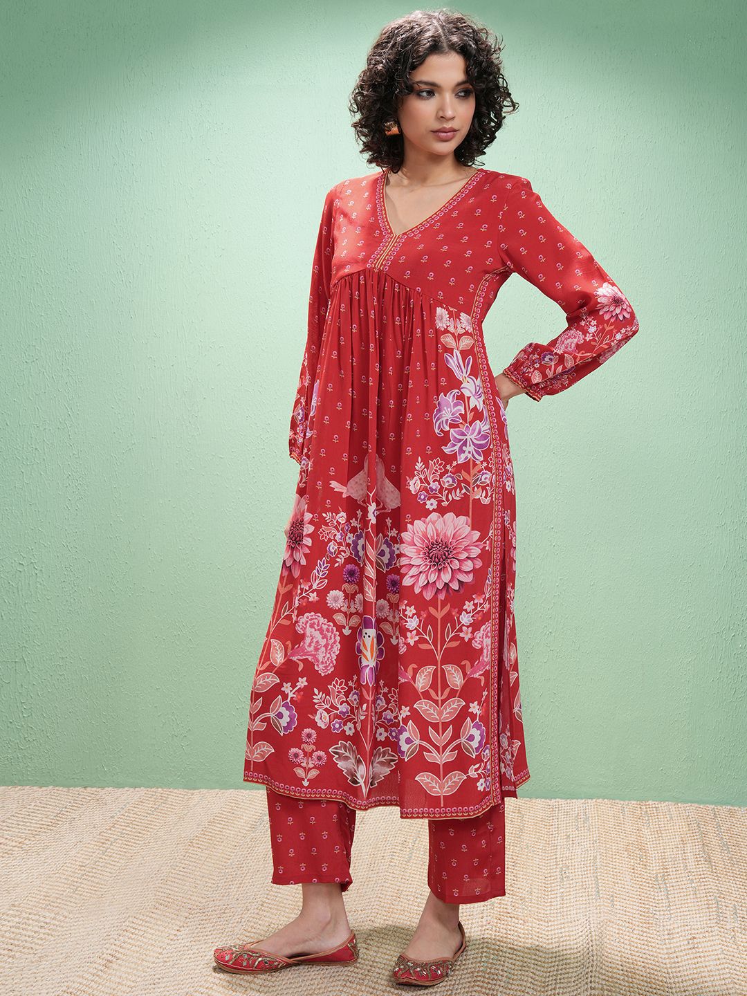 Vishudh Floral Printed V-Neck Empire A-Line Kurta With Trouser And Dupatta