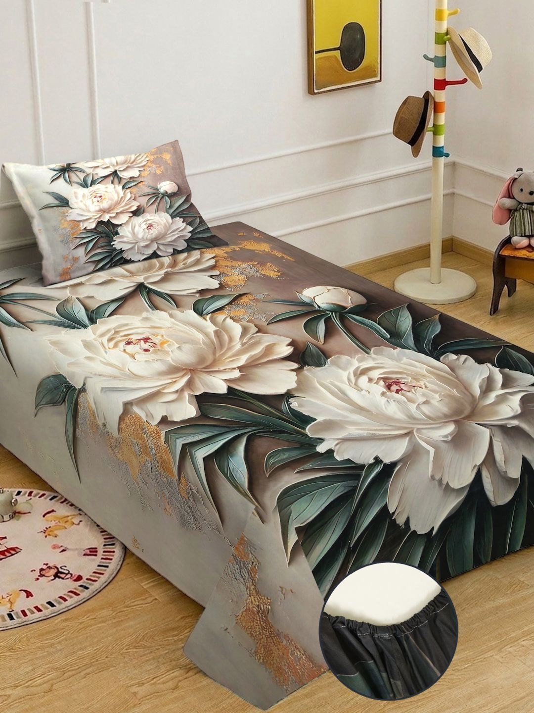 KLOTTHE Coklat & Putih Floral Dilengkapi Cadar 7D Single 400 TC dengan 1 Sarung Bantal