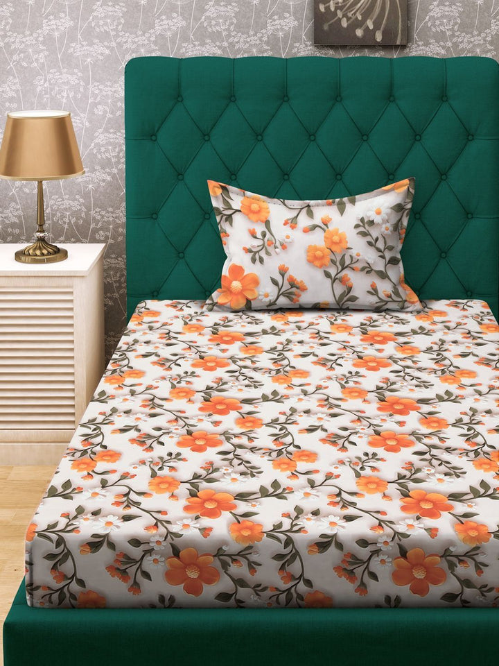 Myntra Elegant Off White Floral 300 TC Single Cadar 7D dengan 1 Sarung Bantal