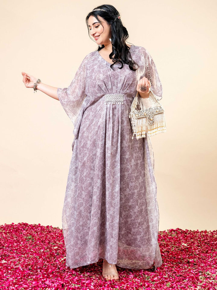 Pakaian Kaftan Leher V Bercetak Bunga Mamicha Wanita