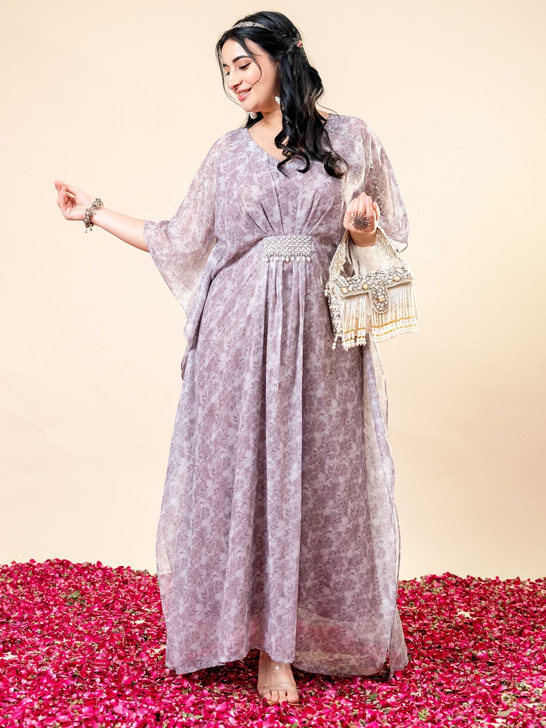 Pakaian Kaftan Leher V Bercetak Bunga Mamicha Wanita