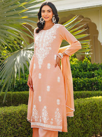 KALINI Floral Embroidered Round Neck Thread Work Kurta With Palazzos And Dupatta