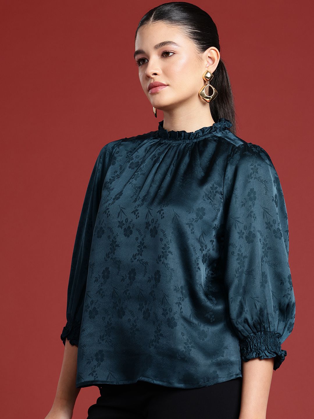 all about you Floral Self Designed High Neck Puff Sleeve Regular Top