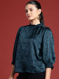 all about you Floral Self Designed High Neck Puff Sleeve Regular Top