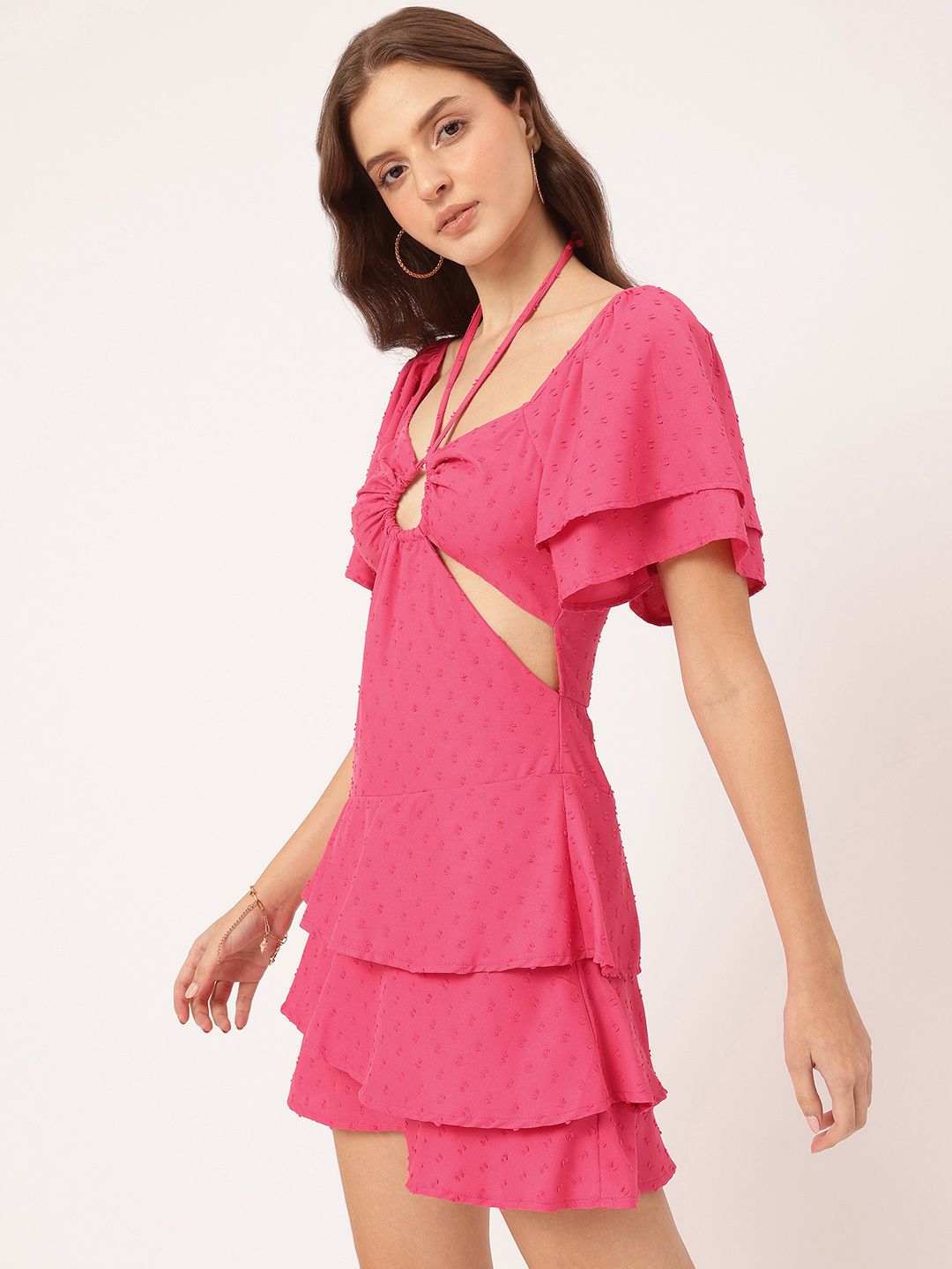 DressBerry Peony-Blush Dobby Cut-Out Layered Mini Dress