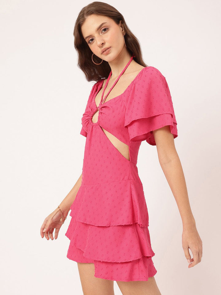 DressBerry Peony-Blush Dobby Cut-Out Layered Mini Dress