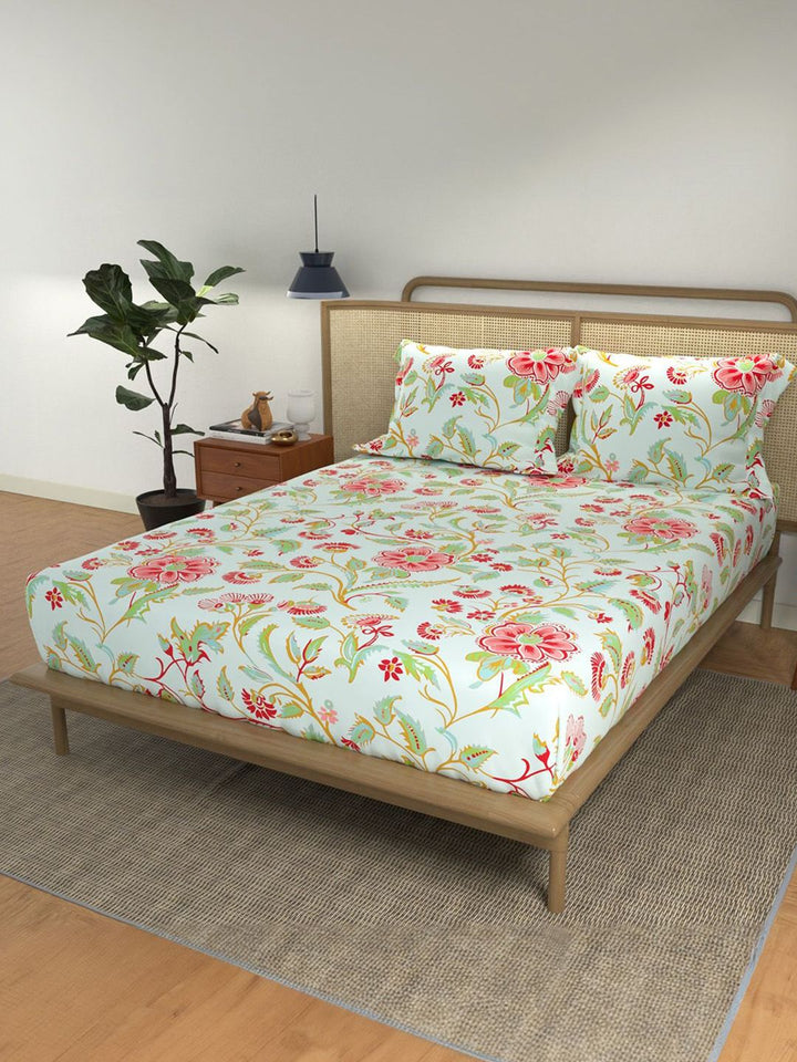 URBAN SPACE Divine Blue Printed 144 TC Cotton Double Queen Bedsheet & 2 Pillow Covers