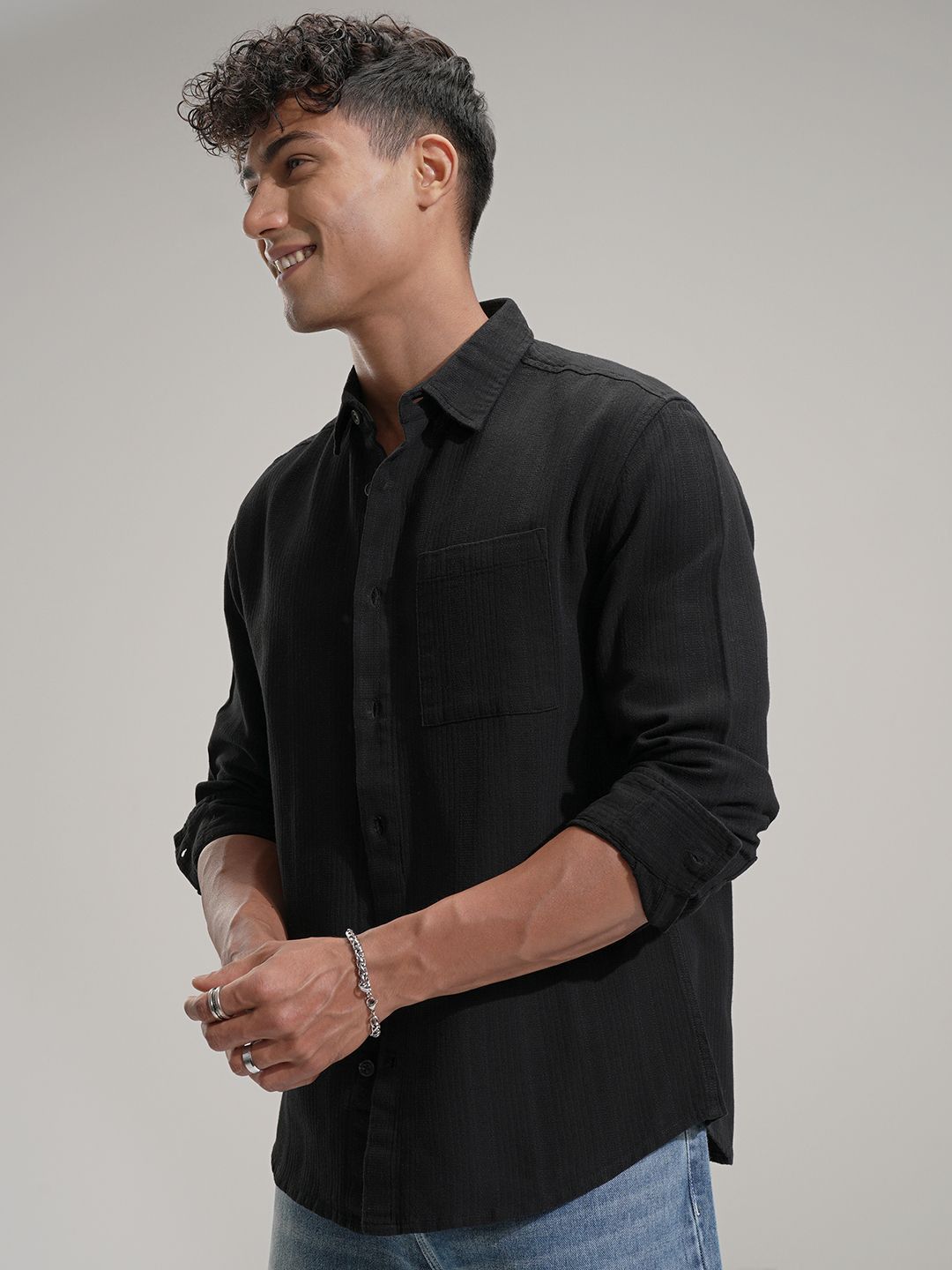 HIGHLANDER Men Comfort Relaxed Fit Textured Spread Collar Cotton Casual Shirt