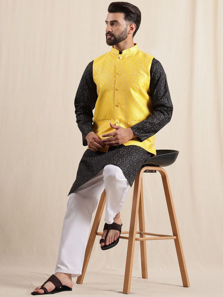 Anouk Geometric Printed Band Collar Straight Kurta With Pyjama And Nehru jacket