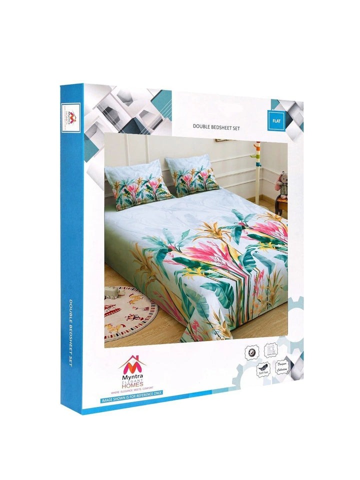 Myntra Elegant Homes Blue & Pink Floral 400 TC King Cadar dengan 2 Sarung Bantal