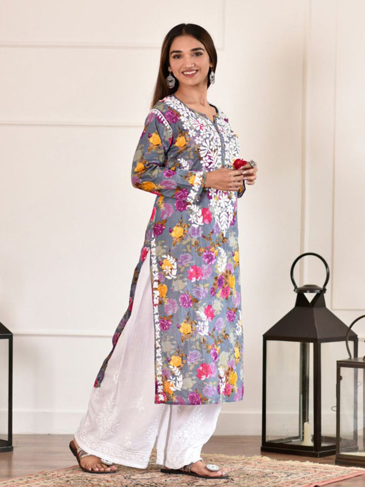 House of Chikankari Women Dark Grey Mulmul Chikankari Embroidered Kurta