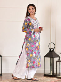 House of Chikankari Women Dark Grey Mulmul Chikankari Embroidered Kurta