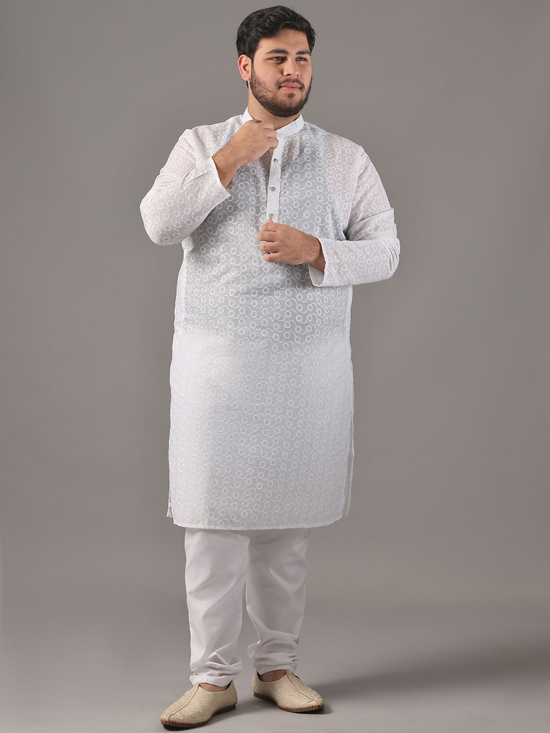 SOJANYA PLUS Saiz Sulam Chikankari Band Kolar Kapas Tulen Kurta Lurus