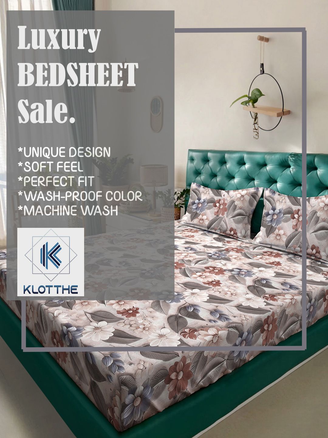 KLOTTHE Beige & Brown Floral Printed Fitted 300TC King 7D Bedsheet With 2 Pillow Cover