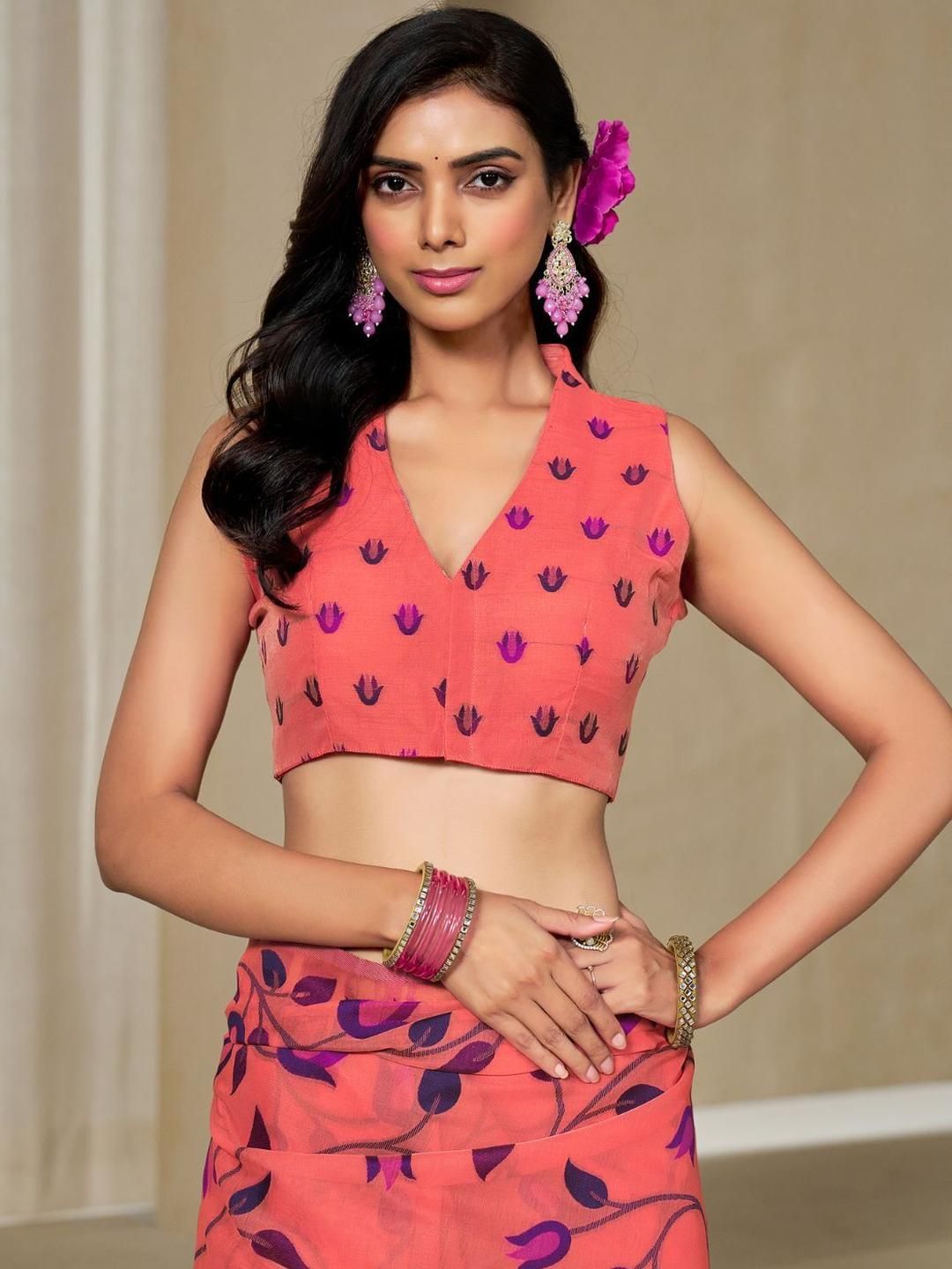 KALINI Orange Pure Cotton Woven Design Sarees