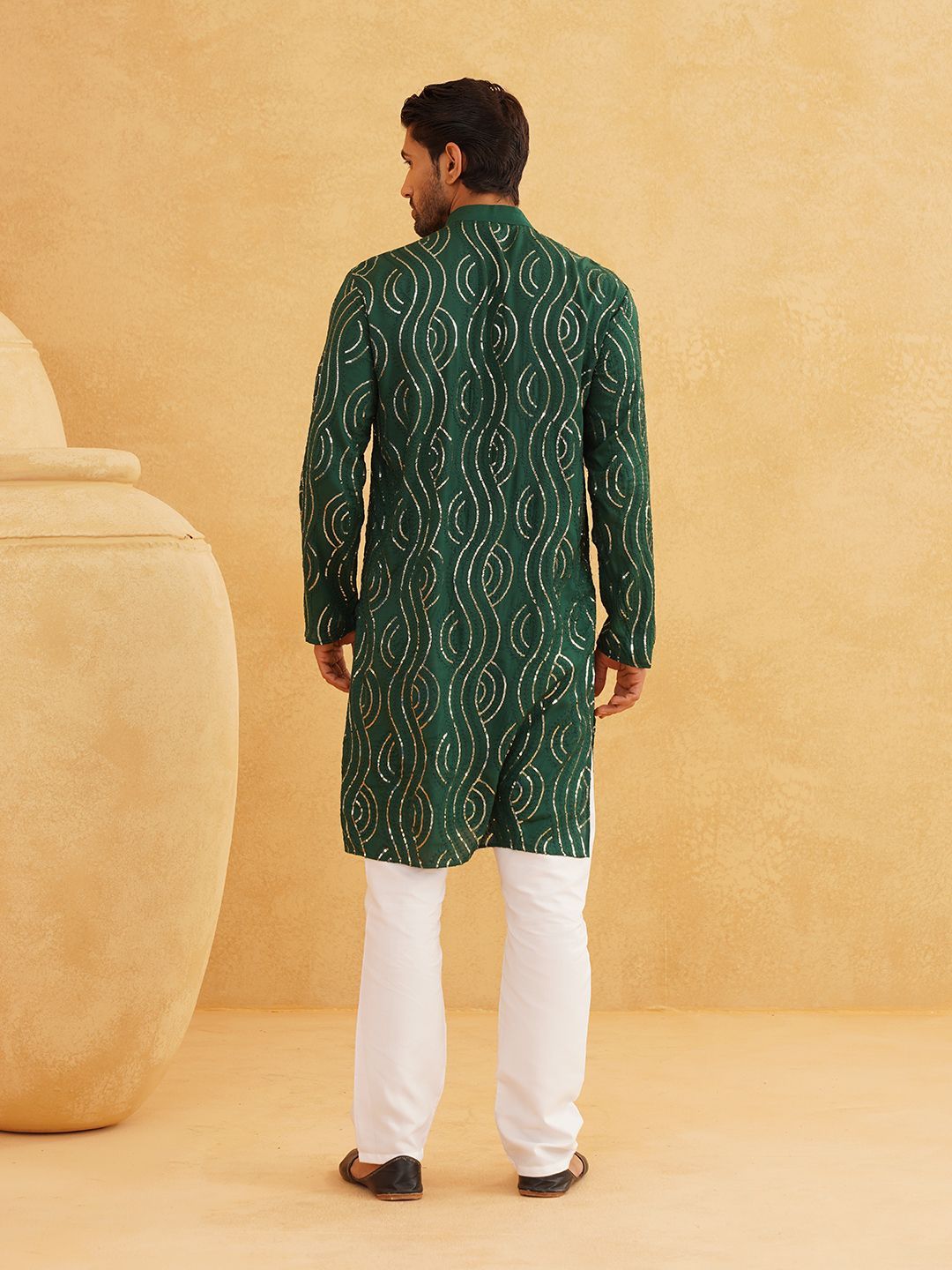 SOJANYA Leheriya Sequinned Band Collar Pure Cotton Straight Kurta With Churidar