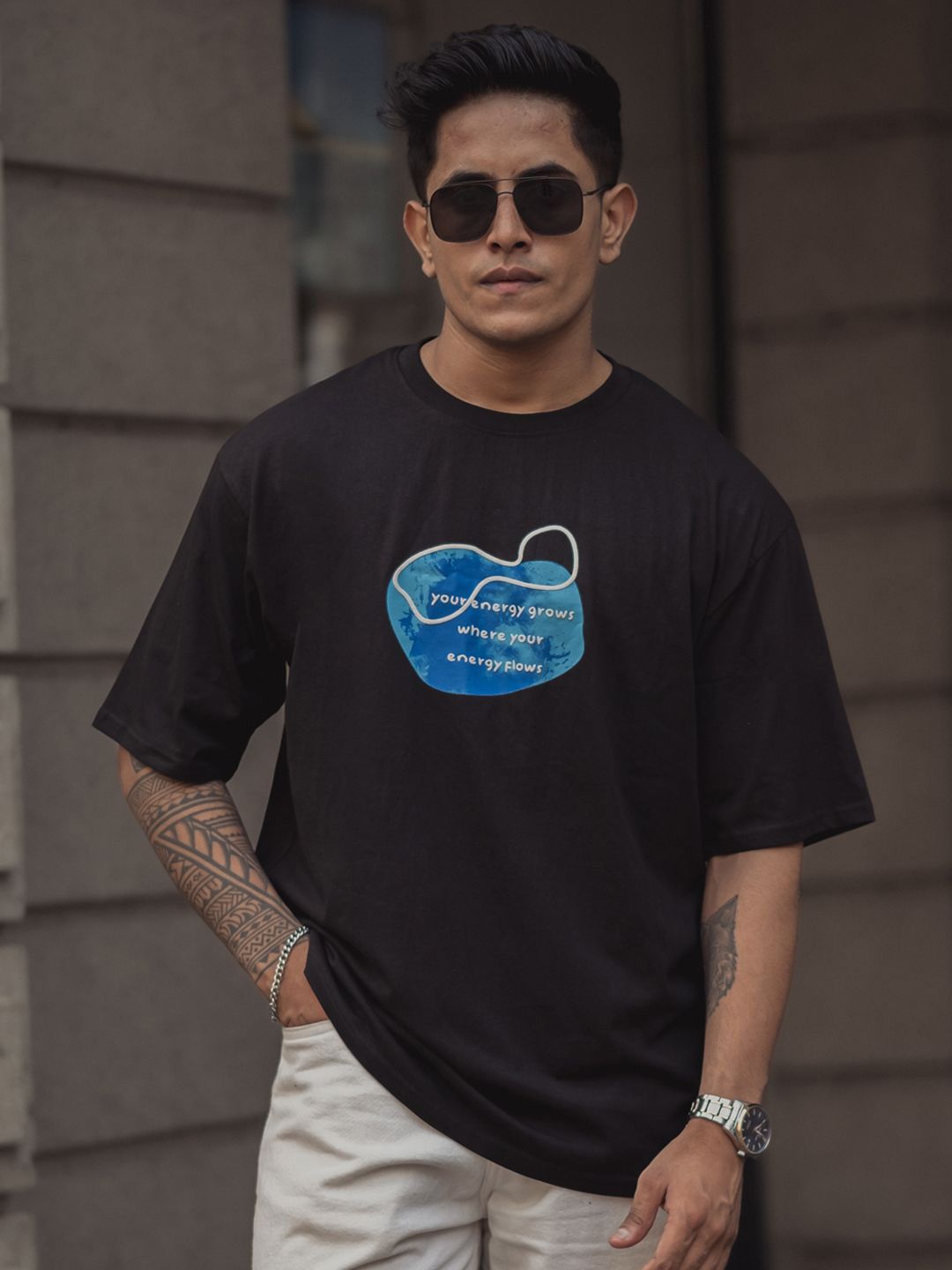 Powerlook Men Graphic Printed Round Neck Pure Cotton Oversized T-Shirt