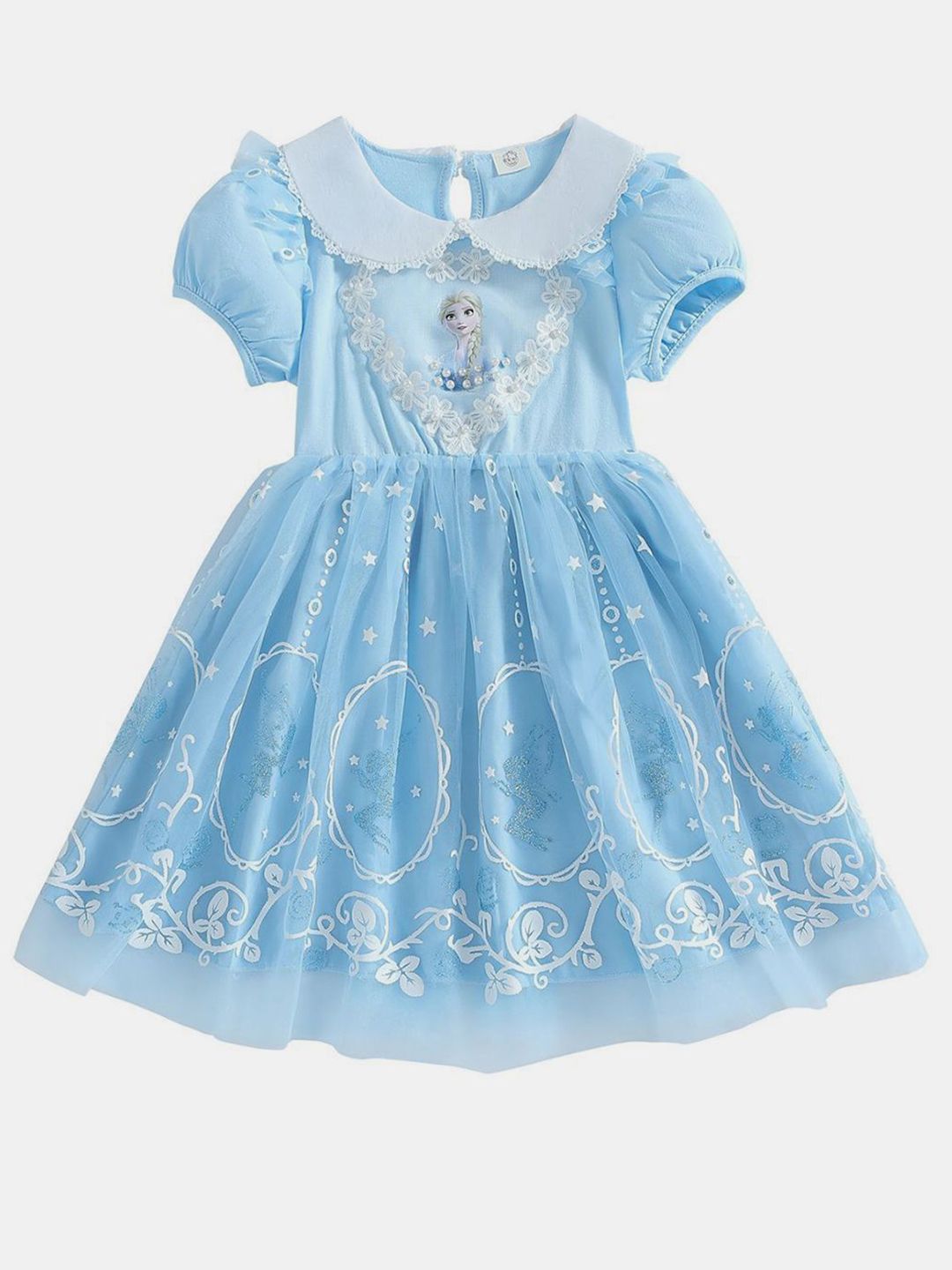 YK Girl Embellished Peter Pan Collar Puff Sleeves Fit & Flare Dress