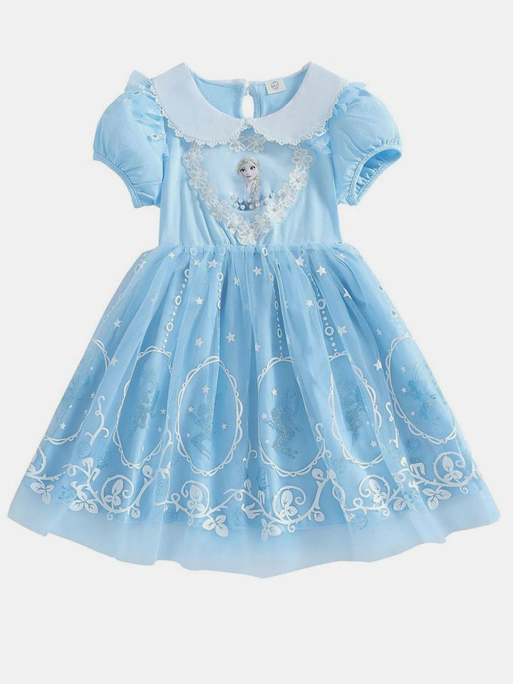 YK Girl Embellished Peter Pan Collar Puff Sleeves Fit & Flare Dress