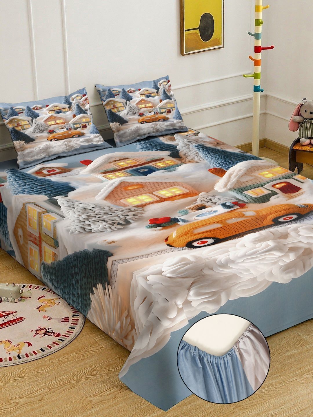 Myntra Elegant Homes Multicoloured Conversational 300 TC Bedsheet with 2 Pillow Covers