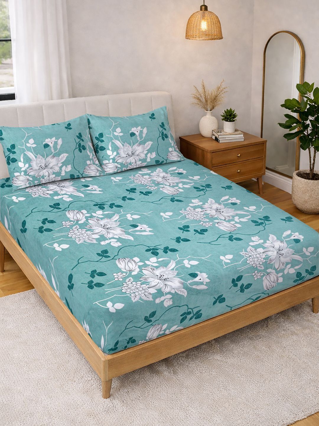 Myntra Elegant Homes Green Floral 300 TC King Cadar Dengan 2 Sarung Bantal