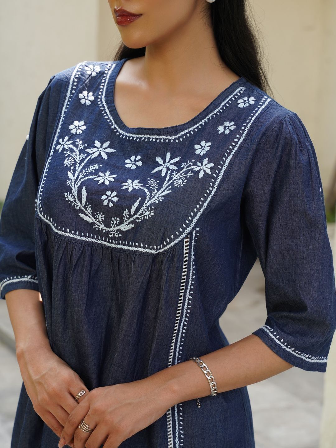 House of Chikankari Chikankari Solid Women's Ladder Lace Work- Dark Blue Tops