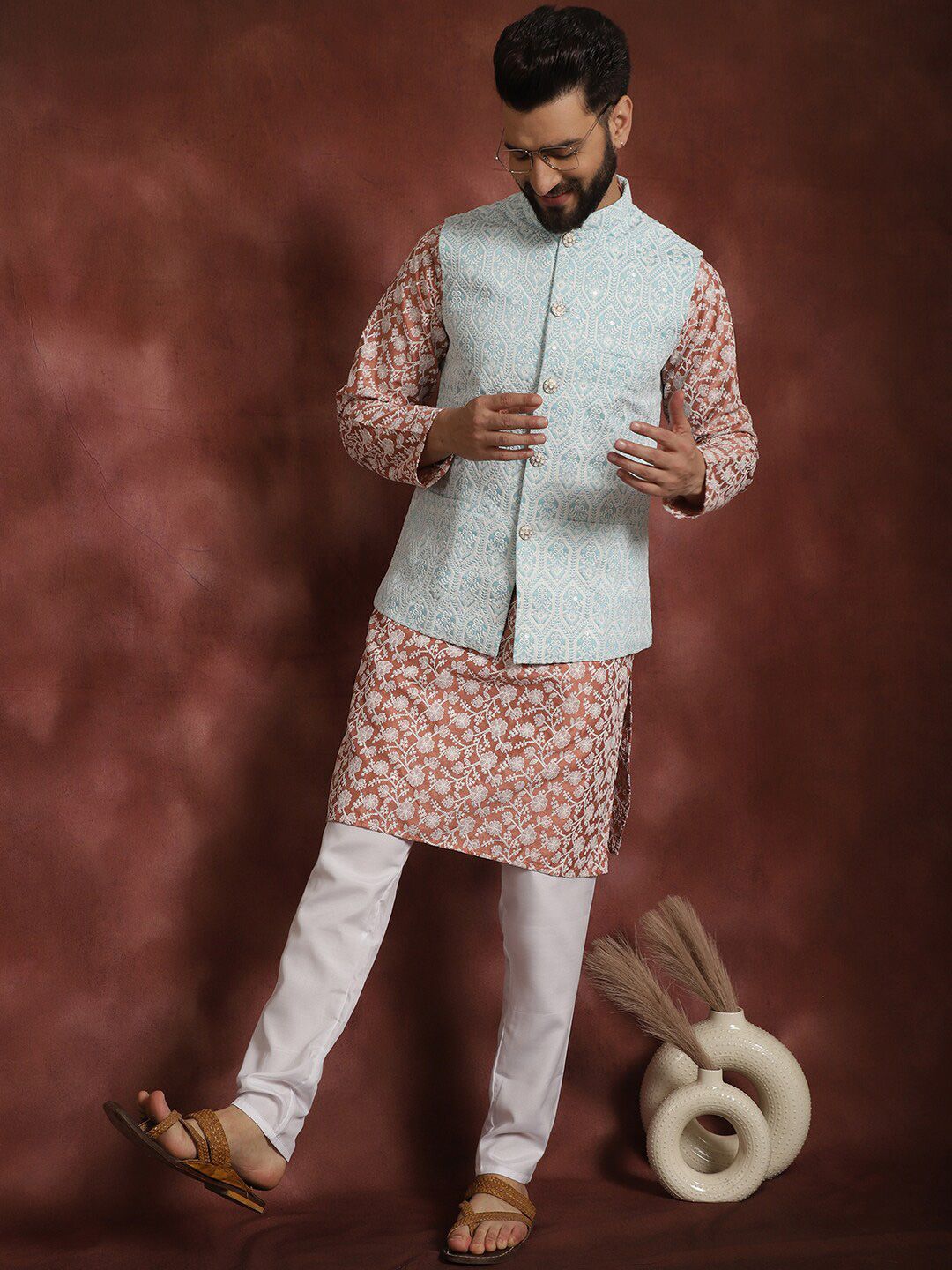Anouk Embroidered Regular Thread Work Kurta With Churidar & Nehru Jacket