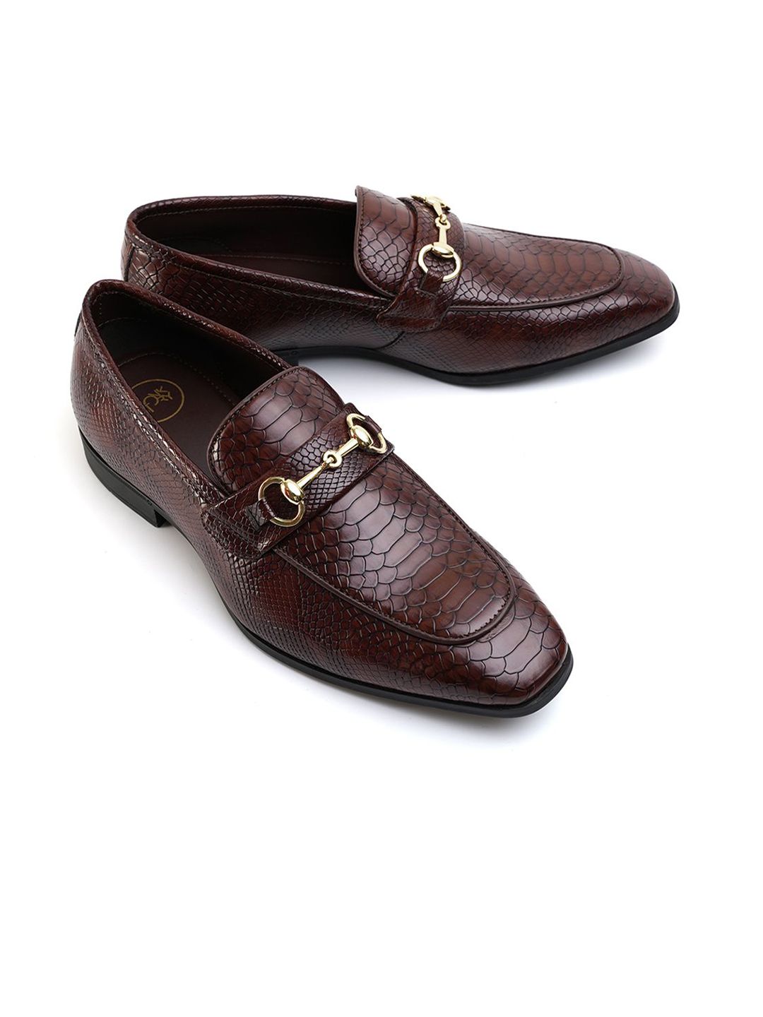 MONKSTORY Men Brown Horsebit Snake-Effect Textured Loafers