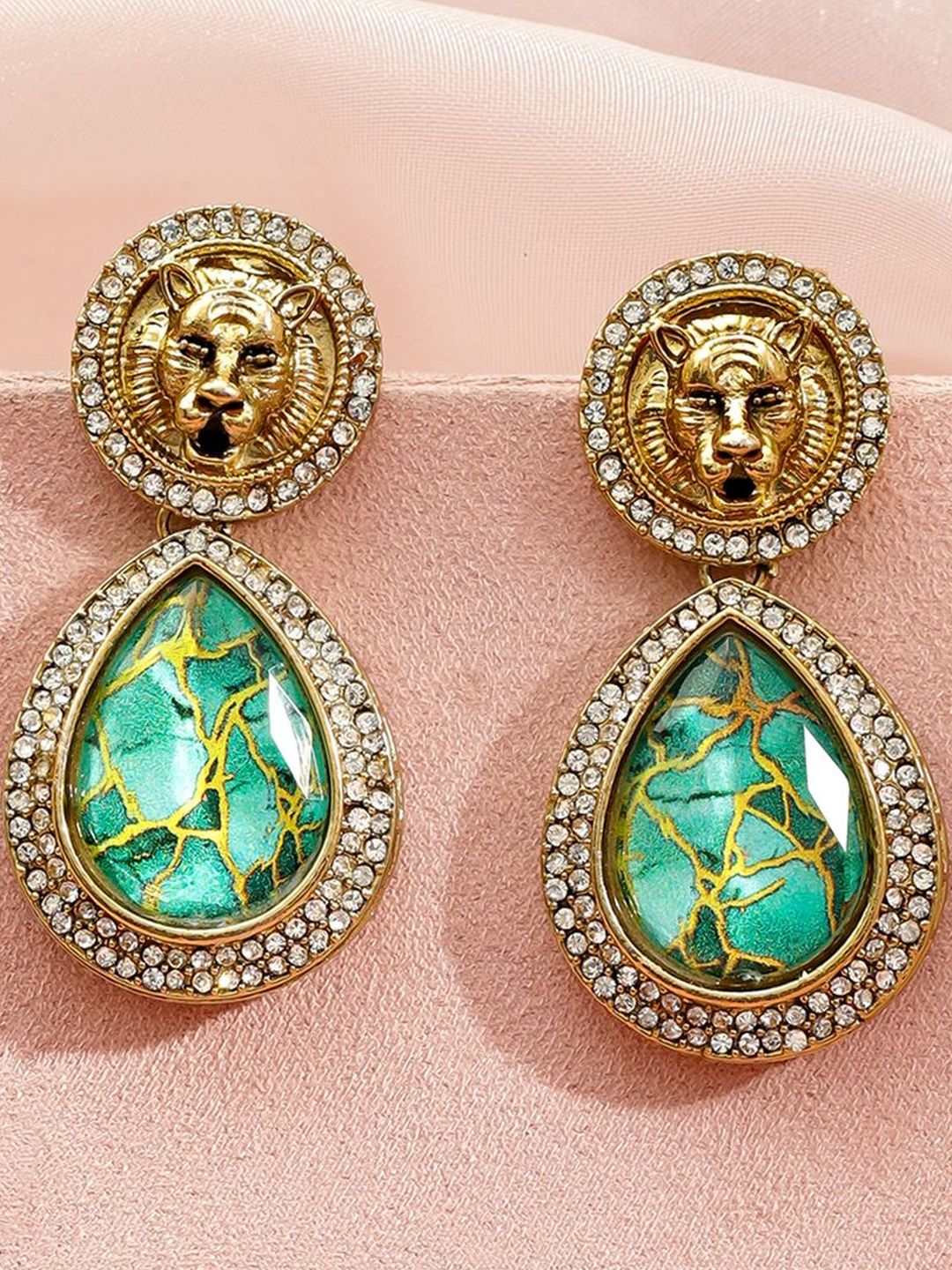 Rubans 18K Gold-Plated Cubic Zirconia Studded Teardrop Shaped Drop Earrings