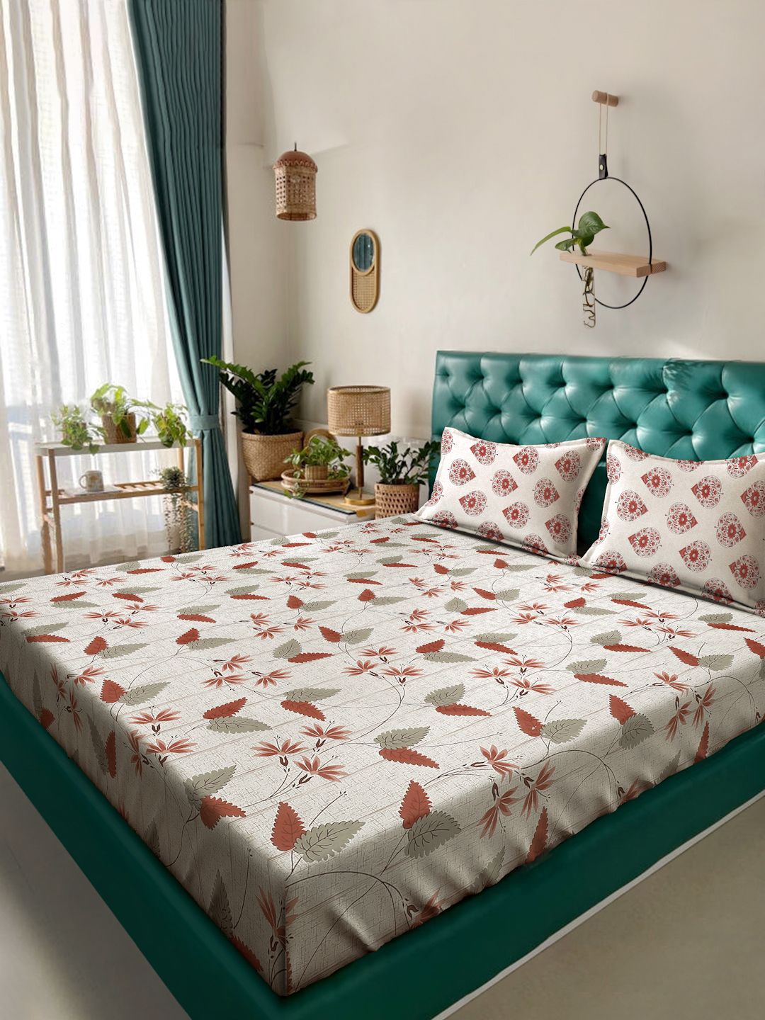 Myntra Elegant Homes Beige & Brown Floral Pure Cotton Set Cadar King 400 TC-2.5mX2.25m